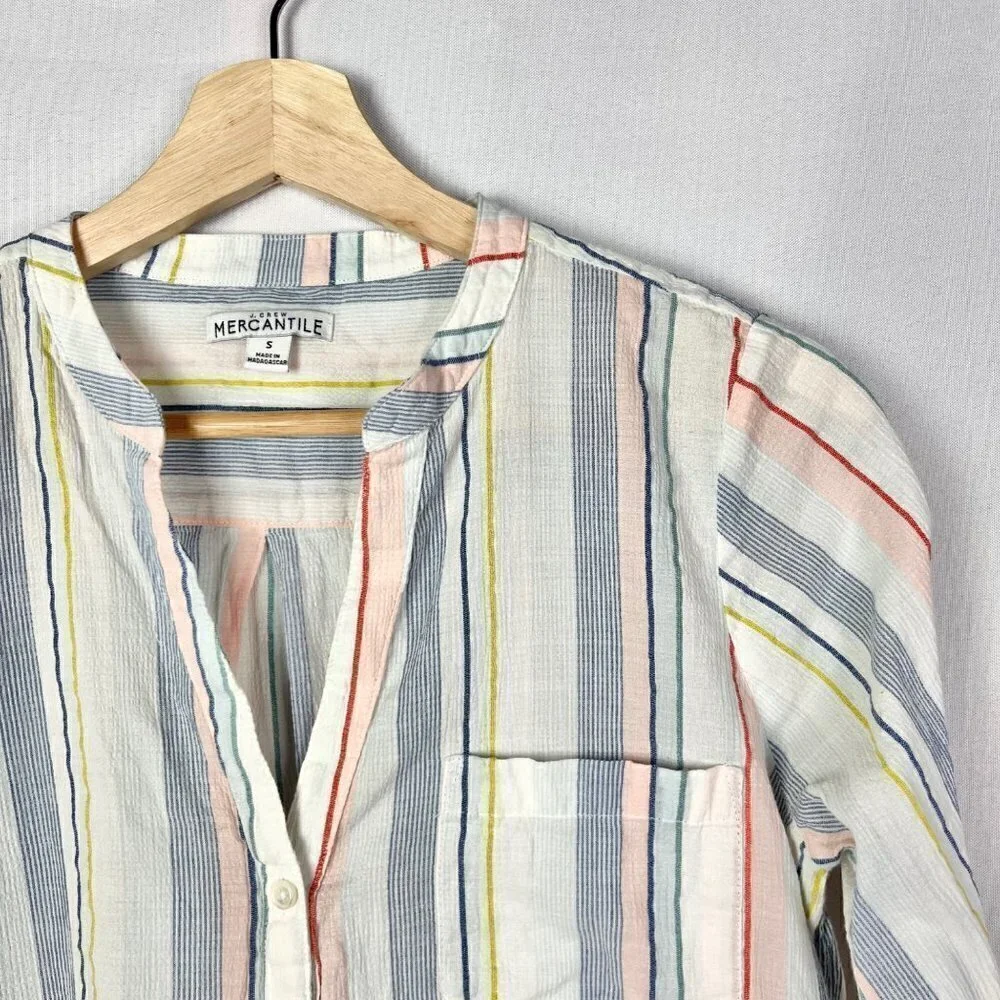 J. Crew‎ Mercantile Tie Sleeve Striped Collarless Button Down Long Sleeve S